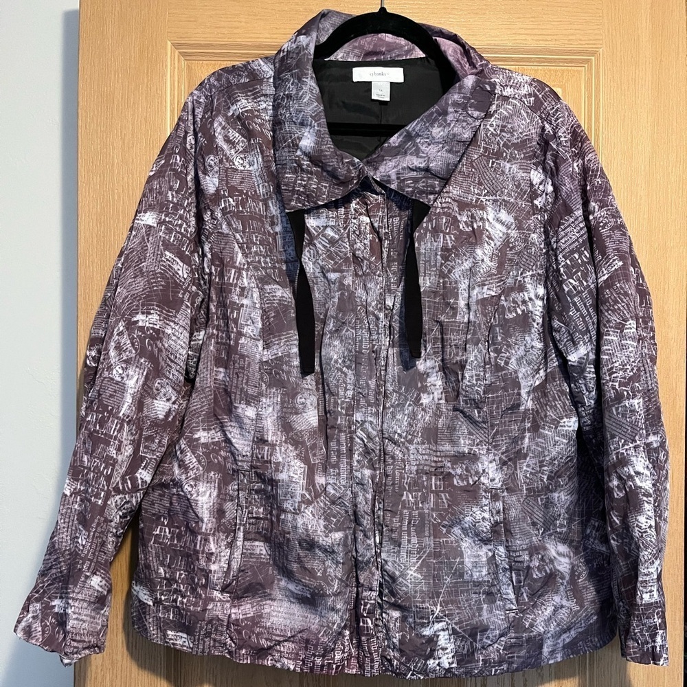 CJ Banks Grayish/Purple & White Design Print Snap Front Lined Jacket